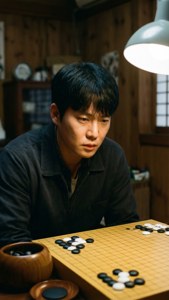 男人在木房間裡，在吊燈下深度專注於圍棋遊戲。