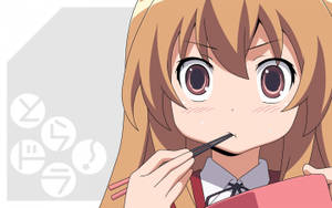 動漫女孩用筷子吃麵條並臉紅