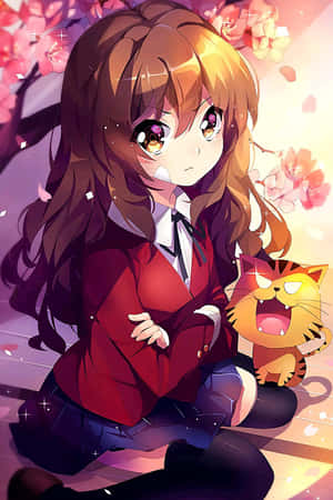 動漫女孩穿紅校服與橙色貓在櫻花下