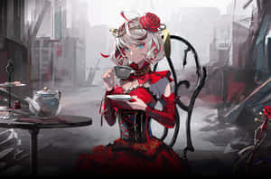 穿著紅色哥德式連衣裙的動漫少女在霧氣瀰漫的城市咖啡館裡喝茶。