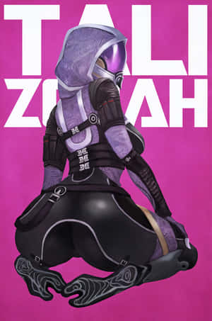 Tali Zorah 穿著盔甲跪著，背後有粗體文字。 — Honor Pad GT2 Pro 壁紙
