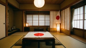 傳統日式房間，配有榻榻米、障子屏風和矮桌上的紅色圓形旗幟