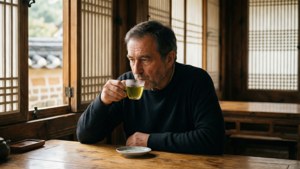 在傳統韓式木造房間喝綠茶的男性