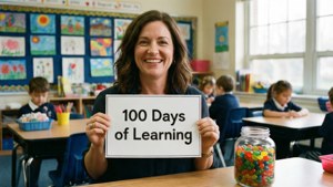 老師微笑著拿著「100 Days of Learning」牌子，糖果罐在附近。