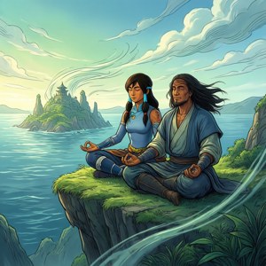 兩個人在長滿草的懸崖上冥想，俯瞰著海洋，遠處島上有一座寺廟。