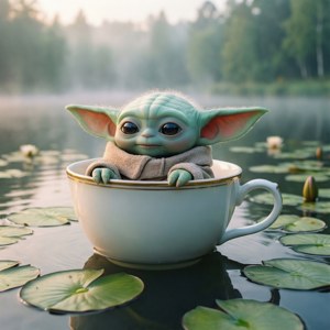 一個細小的綠色 baby yoda 坐在一個白色茶杯中，在一個有睡蓮的霧氣池塘上。