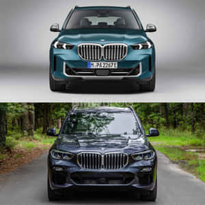 Teal和灰色的BMW X5 SUV在工作室和森林道路環境中展示。 — iPad Air 11 壁紙