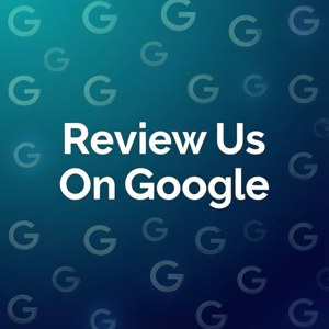 藍色背景，帶有 Google 標誌和文字「Review Us On Google」