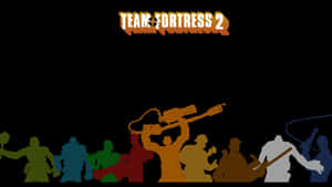 遊戲標誌下方色彩繽紛的 Team Fortress 2 剪影角色。