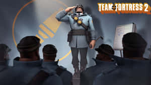 在遊戲場景中，一名士兵在坐著的士兵面前敬禮。