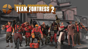 身穿紅色制服的《Team Fortress 2》角色在城市小巷中手持武器。 — 團隊要塞2 壁紙