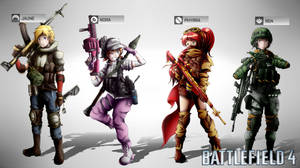 四個動漫角色穿著軍裝，手持武器，用於 Battlefield 4。