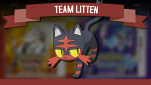 一隻名叫Litten的卡通貓咪寶可夢在紅色Team Litten橫幅下跳躍。