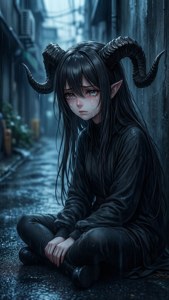 一個帶角的悲傷動漫女孩坐在雨中的小巷裡，淚水從她的眼睛裡落下。