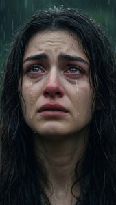 一名女子在雨中哭泣，淚水順著臉頰流下。