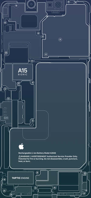 顯示A15 Bionic晶片和電池警告標籤的iPhone內部組件圖。 — iPhone 18 Pro 壁紙