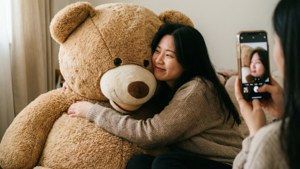 一名女子擁抱一隻巨大的泰迪熊，朋友用智能手機為她拍照。