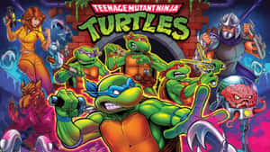 Teenage Mutant Ninja Turtles 擺出動作姿勢，手持武器，與反派在下水道環境中。 — 海龜 壁紙