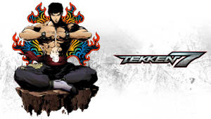 動漫《鐵拳7》戰士帶著火焰光環坐在岩石上。