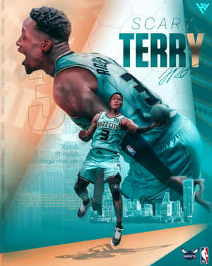 身穿青綠色球衣的籃球運動員在城市天際線背景下騰空，並有「Scary Terry」文字。