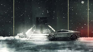 未來感十足的銀色 Cybertruck 停泊在雪景城市夜景中，身影登上樓梯。 — Tesla GIF 壁紙