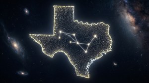 德州形狀以發光的星星勾勒，漂浮在太空中，伴隨著星系。