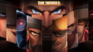 《Team Fortress 2》角色肖像以傾斜面板呈現，表情強烈。