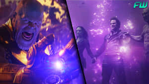 Thanos 咆哮著發光的手套，而守護者們在宇宙紫色光芒中一起站立。 — 石頭 壁紙