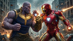 Thanos 與 Iron Man 在火花和碎片四散的毀滅城市中戰鬥。 — Thanos 壁紙