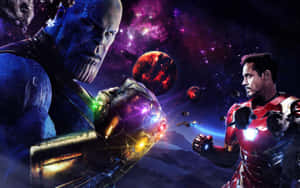 Thanos 和 Iron Man 在太空中碰撞，身後是發光的手套和色彩繽紛的星雲。 — 2880x1800 壁紙