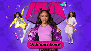 三個穿著色彩繽紛服裝的女孩與「Fresh」和「Fashion Icon!」文字一起擺姿勢。