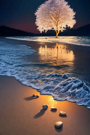 夜晚海灘上的發光樹，前景有海浪和石頭