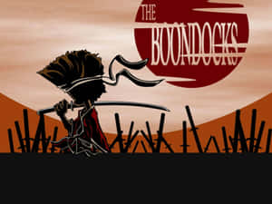 男孩手持劍的剪影，映襯著橙色日落、紅色太陽和標題 The Boondocks。 — 鄉下地方 壁紙