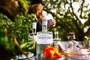 花園日落時分，桌上放著 The Botanist 氈酒、香草和杯子。