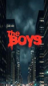 紅色滴落標題 The Boys 覆蓋在夜間高樓之間的黑暗暴風雨城市街道上。