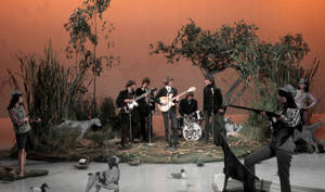 The Byrds 在舞台上與獵犬和鴨子一起演奏音樂。