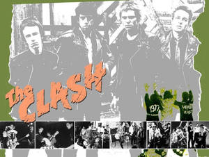 The Clash 樂隊海報，綠色背景上帶有演唱會照片和粗體橙色文字。
