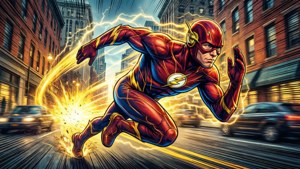 超級英雄 The Flash 帶住閃電效果快速跑過城市街道。
