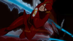 The flash 喺黑暗隧道中以超高速奔跑，身後帶住藍色閃電軌跡。 — 16:9 壁紙