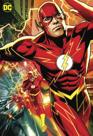 The Flash 身穿紅黃戰衣，帶著閃電效果在城市中奔跑。 — 超級英雄 壁紙