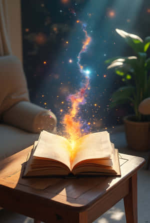 木桌上打開的書在陽光房間中散發出帶有星星的彩色宇宙星雲