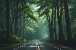 一條安靜的道路蜿蜒穿過茂密的綠色森林，霧氣和陽光透過高大的樹木。