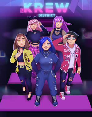 五個穿著時尚服裝的動漫角色在 'KREW DISTRICT' 標誌下的霓虹燈舞台上擺姿勢。