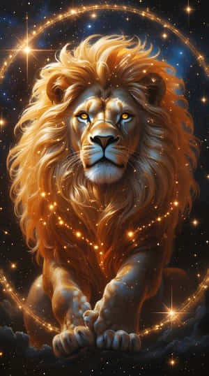 一頭金色獅子，眼睛發光，坐在星空下，周圍有發光的弧線。