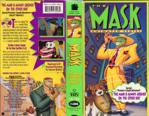 《The Mask》動畫系列VHS封面，綠色面具英雄和狗在城市場景中。