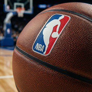 NBA籃球在球場上靠近籃框的標誌