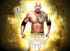 WWE 摔角手 The Rock 在發光的黃色宣傳片中，帶有公牛標誌。 — 基斯洛克 GIF 壁紙
