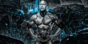 The Rock 以強有力的姿勢，藍色能量在破碎的岩石 formations 周圍噼啪作響。 — 狄維·莊遜 壁紙