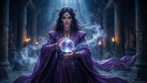 一位身穿紫色長袍的女巫在燭光閃爍的迷霧神廟中手持發光的水晶球。