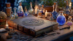 一本封面有五角星的舊魔法書，放在木桌上，旁邊有蠟燭和藥水瓶。